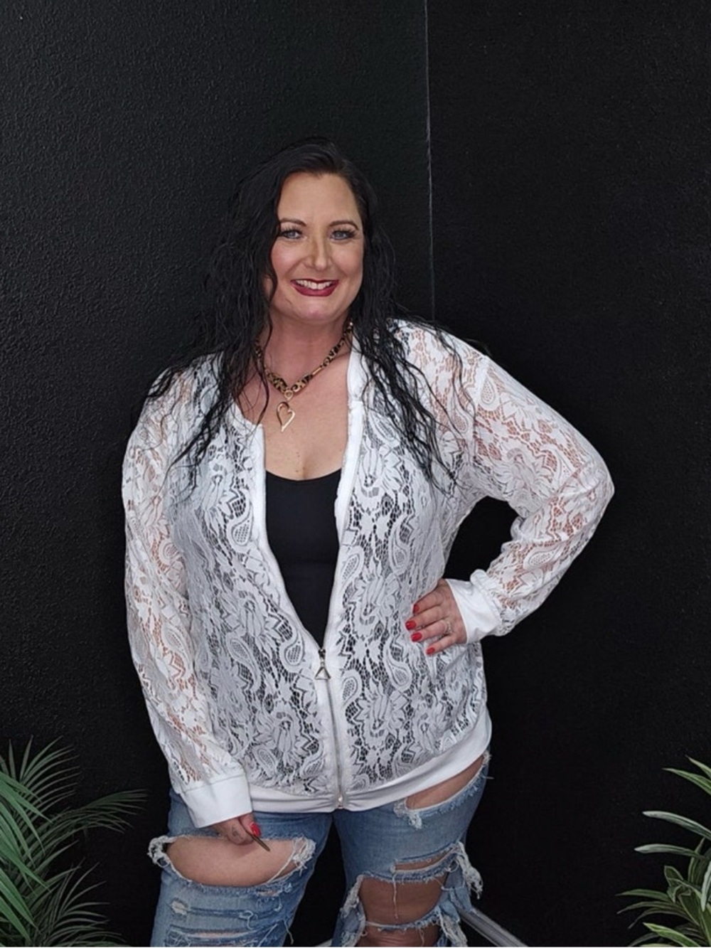 White Lace Zip-Front Women’s Top